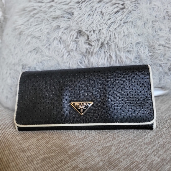 Prada Black/White Perforated Saffiano Leather Flap Continental Wallet - Picture 1 of 12
